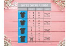 the shirt size chart and placement guide for t - shirts on a pink wooden background