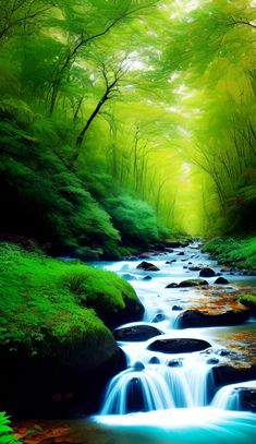 a stream running through a lush green forest