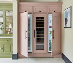 Pink custom built integrated fridge. British Kitchen Design, Wine Fridge Cabinet, Hidden Fridge, Tom Howley Kitchens, Pink Fridge, Tom Howley, Cabinet Fridge, Beautiful Kitchen Designs, Kitchen Fridges