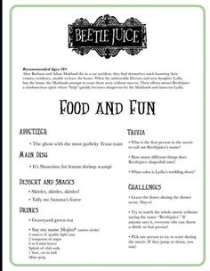 the food and fun menu is shown in black and white, with green trimmings