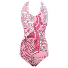 Add a dose of Emilio Pucci's 1960s signature jet set glamour to your beachwear or vintage fashion collection. This fabulous and rare one-piece vintage swimsuit is splashed with Pucci's iconic African inspired "Mombasa" print in shades of pink, white and black. The halter neck design with a low open back has been crafted in Italy from spandex mesh lycra that has elastic at the neck and leg holes. It is signed throughout "Emilio", partially lined at crotch and closes with a pink-hued button at the Pucci Swimwear, Pucci 1960s, Scalloped One Piece Swimsuit, Fun One Piece Swimsuit, Town Design, Pucci Vintage, Flare Maxi Skirt, Romper Swimsuit, Halter Neck Swimsuit