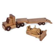 a wooden toy truck and tractor are shown on a white background, with wheels attached to the vehicle