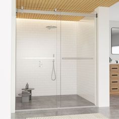 a bathroom with a walk in shower sitting next to a sink and a large mirror