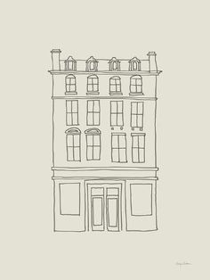 a black and white drawing of a building with lots of windows on the top floor