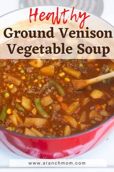 healthy ground venison vegetable soup in a red pot