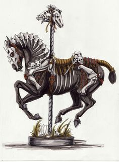 a drawing of a skeleton horse on a pole with two skeletons sitting on it's back