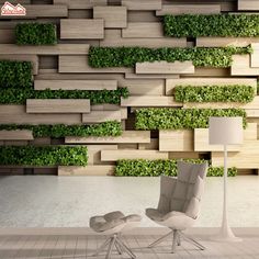 an abstract wooden wall with green plants growing on it