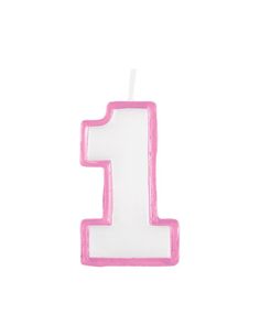 a pink and white number one candle on a white background with the number 1 in the middle