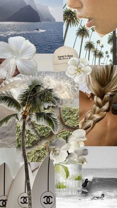 a collage with flowers and surfboards in the foreground is a woman's face