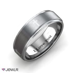 a stainless steel ring with the words i love you on it and a cross in the center