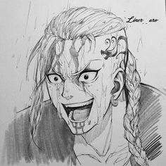 a drawing of an evil man with braids on his head