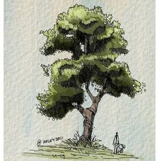 a drawing of a man standing next to a large tree on top of a hill