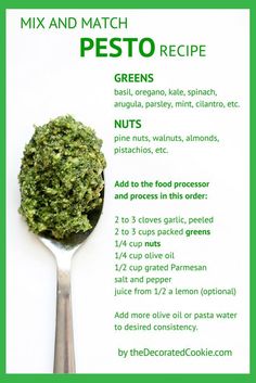 a recipe for pesto on a spoon with instructions to make it easy and delicious