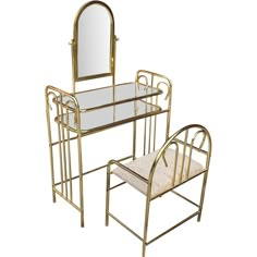 a gold vanity with mirror and chair next to it on a white background in the style of art deco