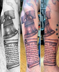 three different tattoos on the legs of people, one with a bell and another with an inscription