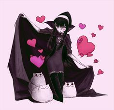 an anime character with two cats and one cat wearing a black cape, standing in front of pink hearts