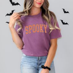 Spooky shirt with eerie design, featuring soft and comfy fabric, perfect for celebrating Halloween and embracing spooky vibes. Berry shirt. Spooky Halloween Tops, Spooky Fall Tops With Screen Print, Spooky Screen Print Tops For Fall, Spooky Halloween Top With Letter Print, Witchy Letter Print T-shirt For Fall, School Spirit Text Print T-shirt For Fall, Spooky Letter Print T-shirt For Streetwear, Fall School Spirit T-shirt With Text Print, Fall School Spirit T-shirt With Screen Print