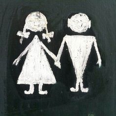 a drawing of two people holding hands on a chalkboard with white paint and black background