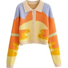 Retro Style Painted Cardigan Like Lisa From Blackpink Achieve A Preppy Look By Matching This With A Neutral-Colored Pleated Skirt And Loafers Knitted Type Button Placket Polo Collar Relaxed Fit Length 20" Pit To Pit 18" Sleeve 27" Trendy Pastel Sweater For Spring, Multicolor Spring Sweater For Day Out, Yellow Long Sleeve Spring Sweater, Casual Yellow Summer Cardigan, Retro Orange Spring Cardigan, Multicolor Winter Tops For Day Out, Chic Yellow Long Sleeve Sweater, Yellow Long Sleeve Casual Cardigan, Yellow Retro Cardigan For Spring