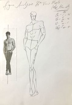 a drawing of a male mannequin with measurements on the side and an image of a man's torso