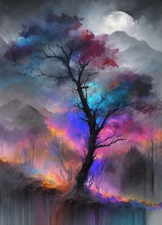 a painting of a tree in the middle of a forest