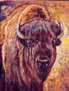 an oil painting of a bison with long horns