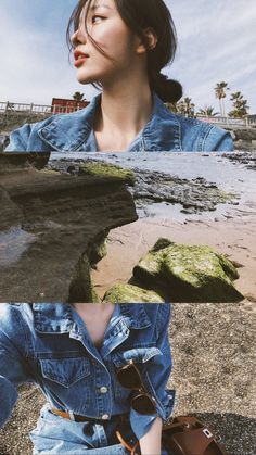 a woman sitting on top of a beach next to the ocean with her eyes closed