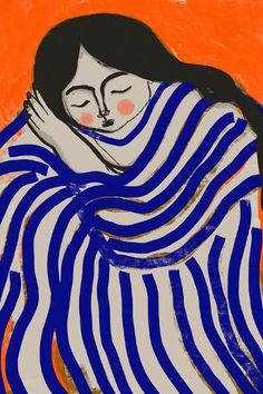 a drawing of a woman wrapped in a blue and white striped blanket with her eyes closed