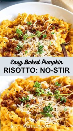 an easy baked pumpkin risotto no - stir recipe is shown in two pictures