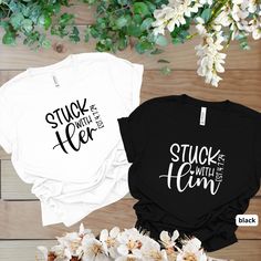 Celebrate your love with our charming couples shirts! These "Stuck with Her" and "Stuck with Him" tees are perfect for newlyweds, honeymoon trips, or just relaxing together. Made from premium soft cotton, these matching shirts ensure comfort and style. 𝗛𝗢𝗪 𝗧𝗢 𝗢𝗥𝗗𝗘𝗥? 𝟏. Select the shirt 𝗦𝘁𝘆𝗹𝗲 2. Select the 𝗦𝗶𝘇𝗲 3. Select the shirt color 4. Select the quantity, 5. Click 𝗔𝗗𝗗 𝗧𝗢 𝗖𝗔𝗥𝗧. If you want to buy more than one, please go back to the listing and repeat the steps. " Engagement Shirts Couple Cute Ideas, Wife And Husband Tshirts, Married Couple Shirts, Mr And Mrs Shirts, Just Married Shirts, Couples Stuff, Vacation Tshirts, Couples Shirts, Married Shirt