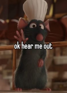 a rat with a chef's hat on its head standing in front of a mirror that says, ok hear me out