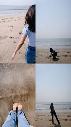 a woman standing on top of a sandy beach next to the ocean with her feet in the sand