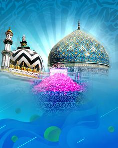 two different types of islamic architecture on a blue and green background with pink flowers in the foreground