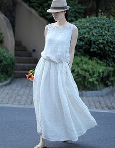 Loose White Dress, Beach Dress Plus Size, Long Pleated Dress, White Dress Long, White Tunic Dress, Teenage Dress, Summer Dress White, Sleeveless Summer Dress, Linen Tunic Dress