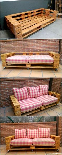 three different pictures of a couch made out of wooden pallets