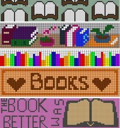 four different types of cross stitch patterns with the words books on them and an image of a