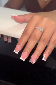 Pink French Nails With Rhinestones, Latina Short Nails, Short Square Nails With Rhinestones, Short Latina Nails, Acrylic Nail Art Ideas, Spring Nail Designs, Colored Acrylic Nails, Girly Acrylic Nails, Brighter Days