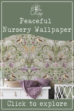 a bed with flowers and birds on it in front of a wallpapered headboard