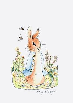 a drawing of a rabbit sitting in the grass with bees flying around it's back