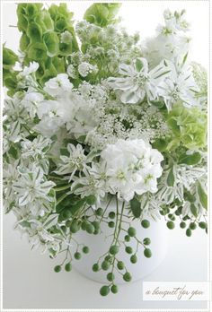 a vase filled with lots of white flowers