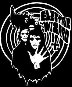 a black and white image of a woman with her hands in the air, surrounded by words that read electric wizard