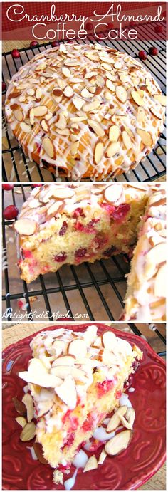 a cake with almonds and cranberry topping on top is sitting on a red plate