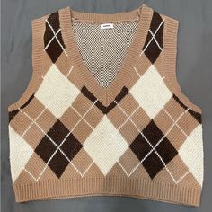 Garage Vest Sweater In Brown And Cream. Never Worn. Nyc Baby, Burgundy Shirt, Argyle Sweater Vest, Vest Sweater, Garage Tops, Brown Vest, Red Crop Top, Knit Tie, Blue Crop Tops