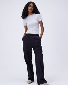 Cotton Pull on Pants - Black Black Pull On Pants Outfit, Cotton Straight Leg Bottoms With Boxy Fit, Relaxed Fit Cotton Bottoms With Straight Hem, Basic Cotton Sweatpants With Side Pockets, Relaxed Cotton Bottoms With Elastic Waistband, Everyday Cotton Tops With Ribbed Waistband, Cotton Tops With Ribbed Waistband, Relaxed Fit Cotton Sweatpants With Straight Leg, Relaxed Cotton Pants With Straight Hem