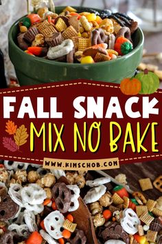 fall snack mix no bake in a green bowl with the title overlay that reads, fall snack mix no bake