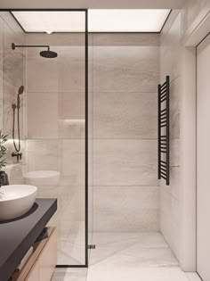 a bathroom with two sinks and a shower