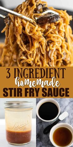 homemade stir fry sauce in mason jars with text overlay that reads 3 ingredient homemade stir fry sauce