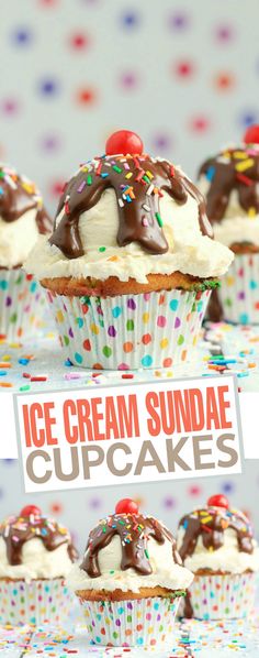 ice cream sundae cupcakes with chocolate frosting and sprinkles