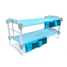 two blue shelves with bins on each shelf