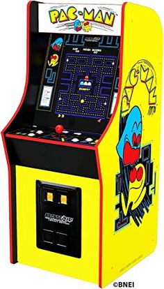 the pac man arcade machine is yellow and black